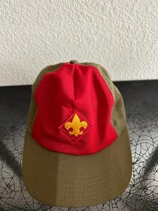 Vintage Boy Scouts BSA Cap Hat Olive Green & Red Snapback Size M/L Cub Scout. - Picture 1 of 3