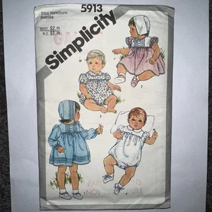 Simplicity 5913 Babies’ Dress Romper Bonnet Newborn Sewing Pattern C.1983 FF - Picture 1 of 9