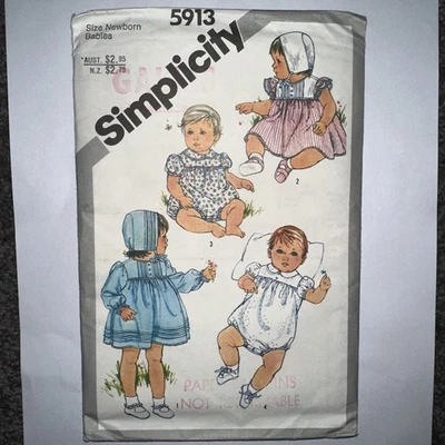 Simplicity 5913 Babies’ Dress Romper Bonnet Newborn Sewing Pattern C.1983 FF - Image 1 of 4