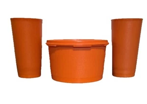 Bote Tupperware Servalier 1297 + tapa Sunburst 3,25"x5" + (2) tazas 10 oz de colección - Imagen 1 de 10