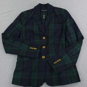 Lauren Ralph Lauren Blazer Womens 6 Blue Green Blackwatch Tartan Crest Buttons - Picture 1 of 18