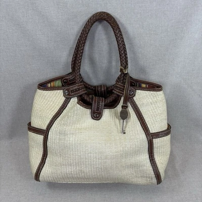 Bolso Cartera Hobo FOSSIL Mediano con Mango de Cuero Tejido Paja Beige Marrón Foto 1 de 4