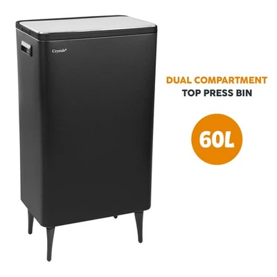 Kitchen Rubbish Recycling Press Top Bin 60L Dual 2 Waste Compartment - Black - Image 1 of 4