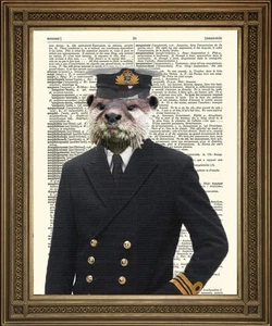 ADMIRAL OTTER: Fun Naval Animal Vintage Antique Dictionary Navy Art Print, 10x8" - Picture 1 of 3