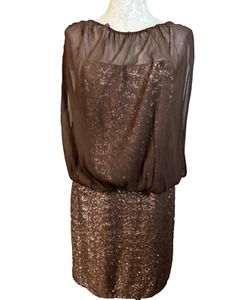 Suzi Chin Maggy London Dress 14 Copper Brown Sequin Sheer Party Wedding Cruise - Picture 1 of 8