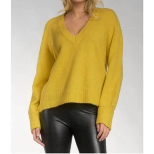 Elan Anthropologie Sylvie Plunge V Neck Wool Sweater Fuzzy Fox Wool Gold: M - Bild 1 von 10