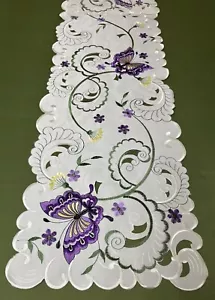 Flieder Lila Schmetterling Bestickt Blumen Tischläufer Elfenbein, Hell Creme Basis - Bild 1 von 2