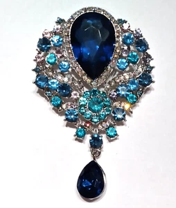Antique Blue Drop Crystal Rhinestone Brooch Pin with Gold Bag - VIDEO - Picture 1 of 3