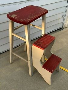 Vtg WOOD STEP STOOL country folding chair primitive paint kitchen bar red wooden