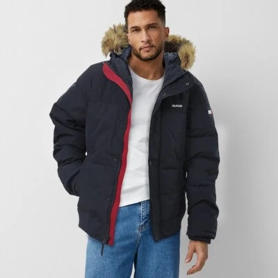 Mens Tommy Hilfiger Flex Tech Snorkel Bomber Removable Faux Fur Trim, Navy SMALL - Image 1 of 4