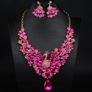 Jewelry Set Women Crystal Necklace Earring Wedding Party Peacock Pendant Choker - Picture 1 of 55