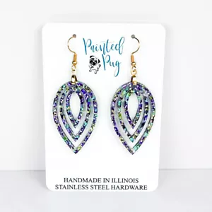 Mardi Gras Glitter Earrings - Purple Green Teardrop Dangle - Picture 1 of 7