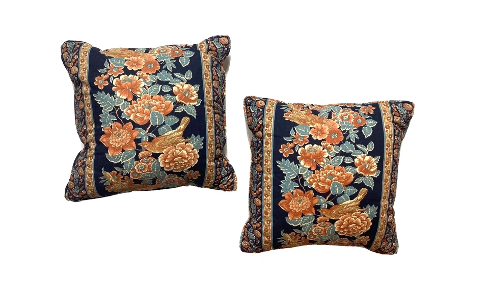 2 Almohadas de Colección Hechas a Mano Pájaros Chintz Rosa Azul Toile Patrón Raro Par Foto 1 de 4