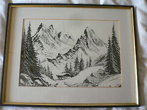 Pen and Ink Drawing. Cottage with Mountains. Signed Mike. 
