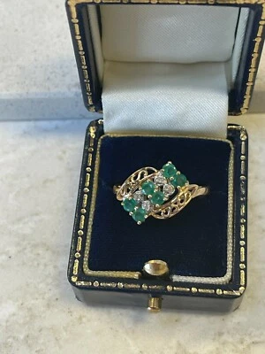 14K Gold  Ring - Filigree with Natural Bright Emeralds & Diamonds - Image 1 of 4