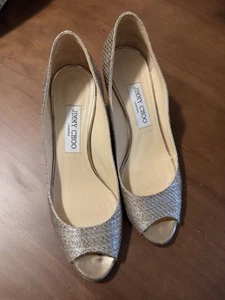 Jimmy Choo Silver/Gold Metallic Peep Toe Heels Size 38.5 - Picture 1 of 5