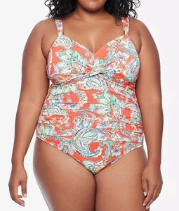 NEW Ralph Lauren Orange Paisley Plus SZ Tummy Control Ruched Swimsuit 22W $168 - Picture 1 of 10