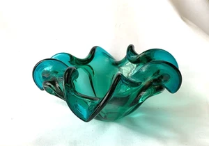 Cuenco de vidrio artístico vintage MURANO borde plegado azul océano verde - Imagen 1 de 11