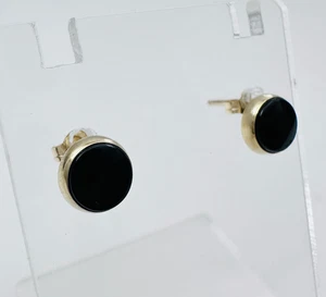 Estate Solid 10K Yellow Gold Black Onyx Round Button Stud Earrings, .26", .8g - Picture 1 of 24