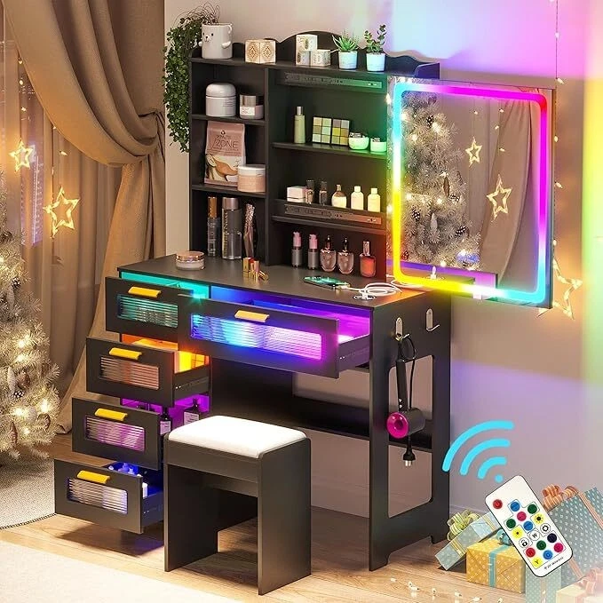 Makeup Vanity Set with RGB Lights/Sliding Vanity Mirror/Charging Station/Stool - Image 1 of 1