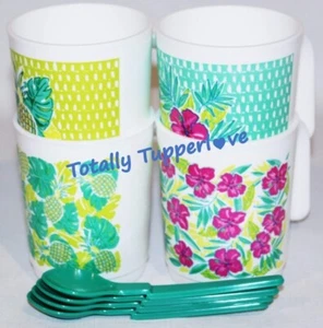Tupperware Set di 4 tazze da caffè 11 oz. con cucchiai fiori glamour tropicale - Foto 1 di 4