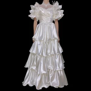 Princess Vintage White Satin Lace Ruffles Puff Sleeve Rose Zipper Wedding Dress - Picture 1 of 10