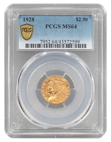 1928 Indian Head $2.50 Gold Quarter Eagle PCGS MS64 Cover
