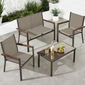 Brown 4-Piece Outdoor Brown Textilene Metal Patio Conversation Furniture Set w/ - Picture 1 of 7