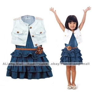 3PCS Baby Sets Infant Girls Outfits Vest + Denim Dress + Belt Kids Skirt Clothes - Picture 1 of 7