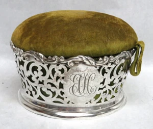 VICTORIAN ERA STERLING SILVER BLACK STAR FROST NY GREEN VELVET PIN CUSHION - Picture 1 of 8