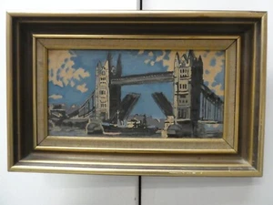 VINTAGE FRAMED LANDSCAPE GUACHE PAINTING SHIP PASSING THROUGH LONDON BRIDGE - Picture 1 of 9