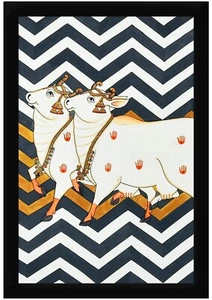 Decorative Pichwai Kamdhenu Retro Framed Painting 13.5X19.5 Inches, Black - Picture 1 of 4