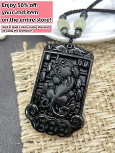 Jade Obsidian Tiger Charm Pendant Necklace Beads Cord Handmade Carve Gemstone - Picture 1 of 7