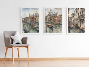 Set of 3 Venice Gondalos Italy Watercolour Paintings Wall Art Poster Prints - Picture 1 of 6