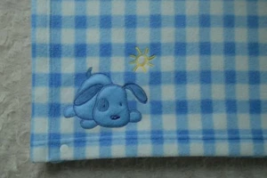 Carter's Puppy Dog Baby Stroller Blanket Blue White Gingham Plaid Snaps Sun - Picture 1 of 7