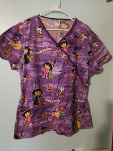 Frederick Brand Dora Halloween Print On Purple Scrub Top - sz M - Picture 1 of 4
