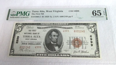Charter#6999, $5, 1929 Type 2, Terra Alta West Virginia, PMG/EPQ 65 - Image 1 of 2