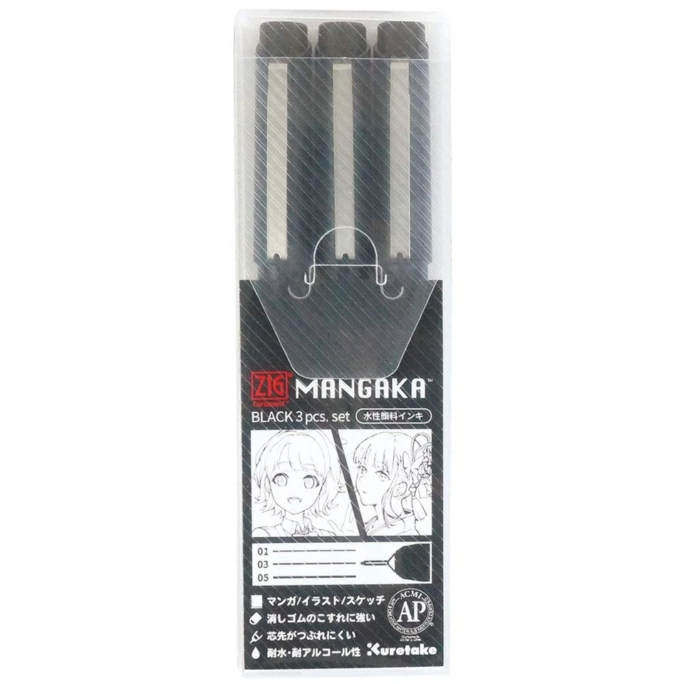 Kuretake ZIG CARTOONIST MANGAKA Black 3 set 0.25mm, 0.45mm, 0.65mm, for art, ... Foto 1 de 4