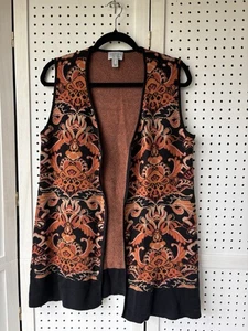 Damen M Susan Graver schwarz orange Damast Pullover ärmellos offen Cardigan Weste - Bild 1 von 7