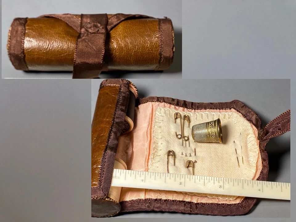 Antique Leather Sewing Roll Rollup Kit Thread Spool Holder Needle Case Thimble - Image 1 of 4
