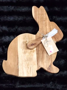 Bunny Rabbit Figural Cutting Charcuterie Serving Board w Spreader Wood Easter - Picture 1 of 5