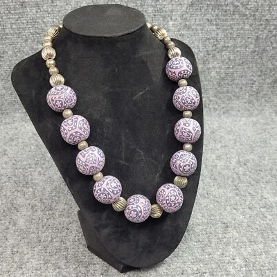 Vintage Wooden Necklace Large Round Purple+/Metal Beads - 19" - Image 1 of 4