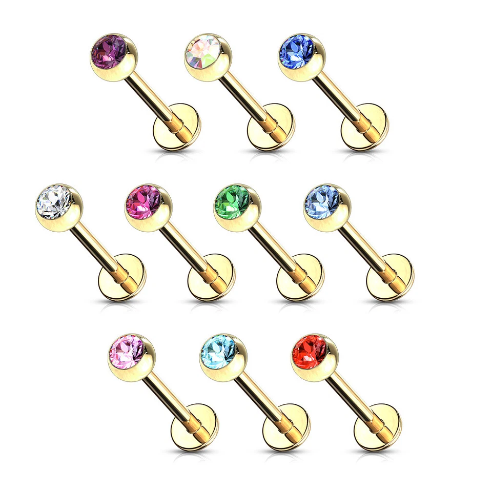 Lote al por mayor de joyas corporales Monroes de acero 316L Labrets de 16 g 8 mm chapadas en oro de 10 piezas Foto 1 de 1