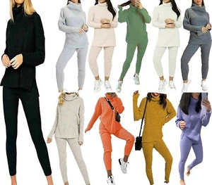 Womens High Roll Polo Neck Chunky Knitted Top & Bottom Loungewear Suit Tracksuit - Picture 1 of 18