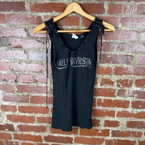 Harley-Davidson Shirt Damen Medium Schwarz Ärmellos Tank Top Schnürung Öse - Bild 1 von 4