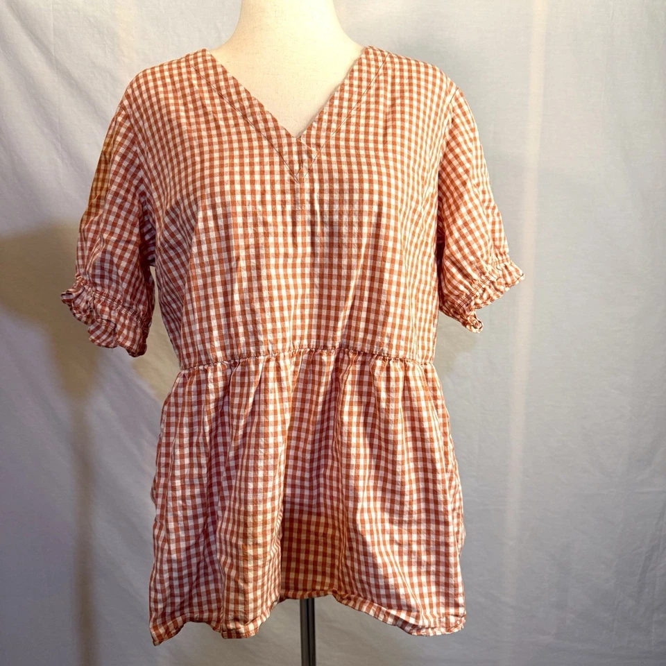 Blusa para mujer Downeast roja oxidada a cuadros de guinga manga abullonada peplum XXL Foto 1 de 4