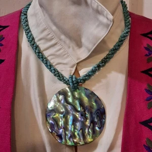 Triple-Strand 2 1/4" Abilone Shell Pendant Necklace~18" Necklace W/ Teal Beads  - Picture 1 of 11