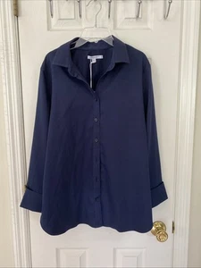 Chico’s 2 No Iron Stretch Solid Shirt LS Flip Cuff Collared Classic Navy - Picture 1 of 6