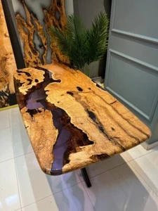 Olive Wood Purple Epoxy Dining Table | Live Edge Kitchen Table | Custom Handmade - Picture 1 of 8