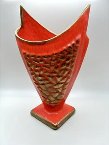 Cadmium Selen Orange Keramik Vase Mid Century Modern Geschwungen Texturiert Kunst Selten - Bild 1 von 8